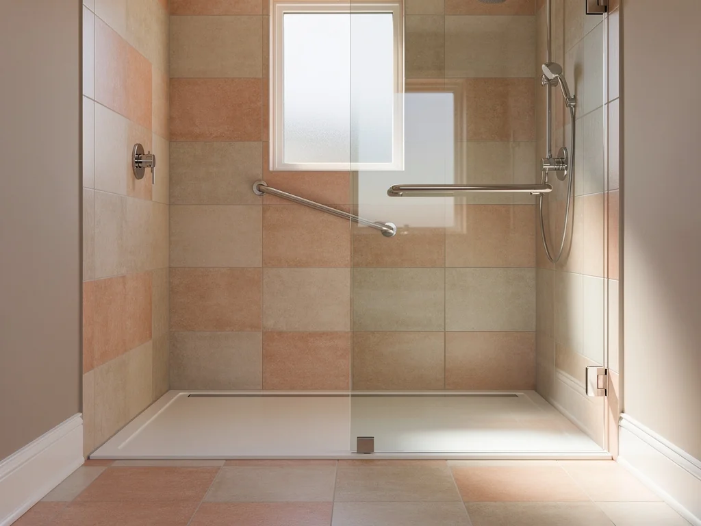 Douche de plain-pied posée à la place d'une baignoire, receveur extra-plat et paroi vitrée