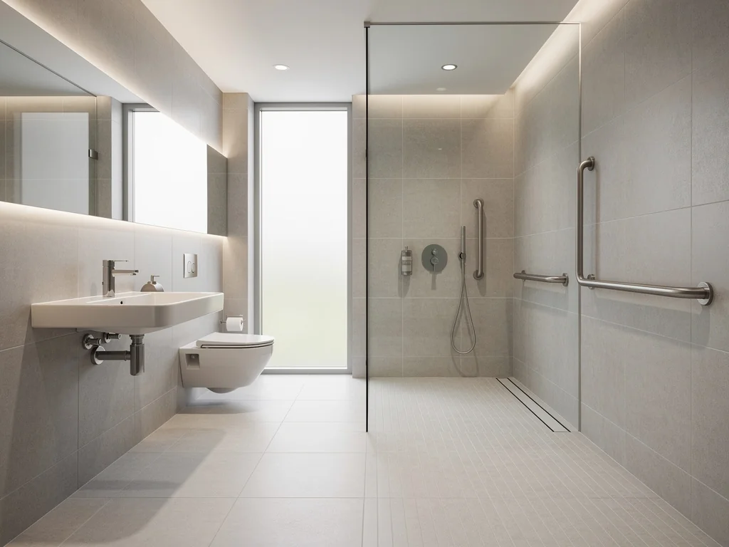 Salle de bain accessible en fauteuil roulant, douche ouverte et sans seuil
