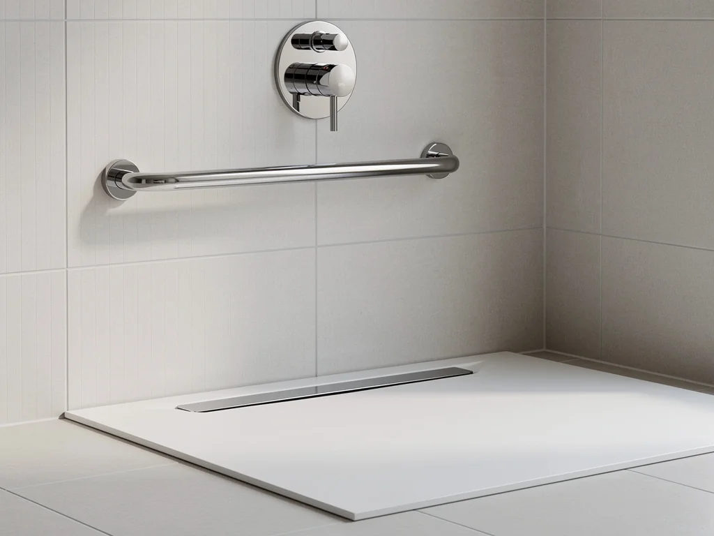 Receveur extra-plat et mitigeur thermostatique anti-brûlure dans une douche sécurisée