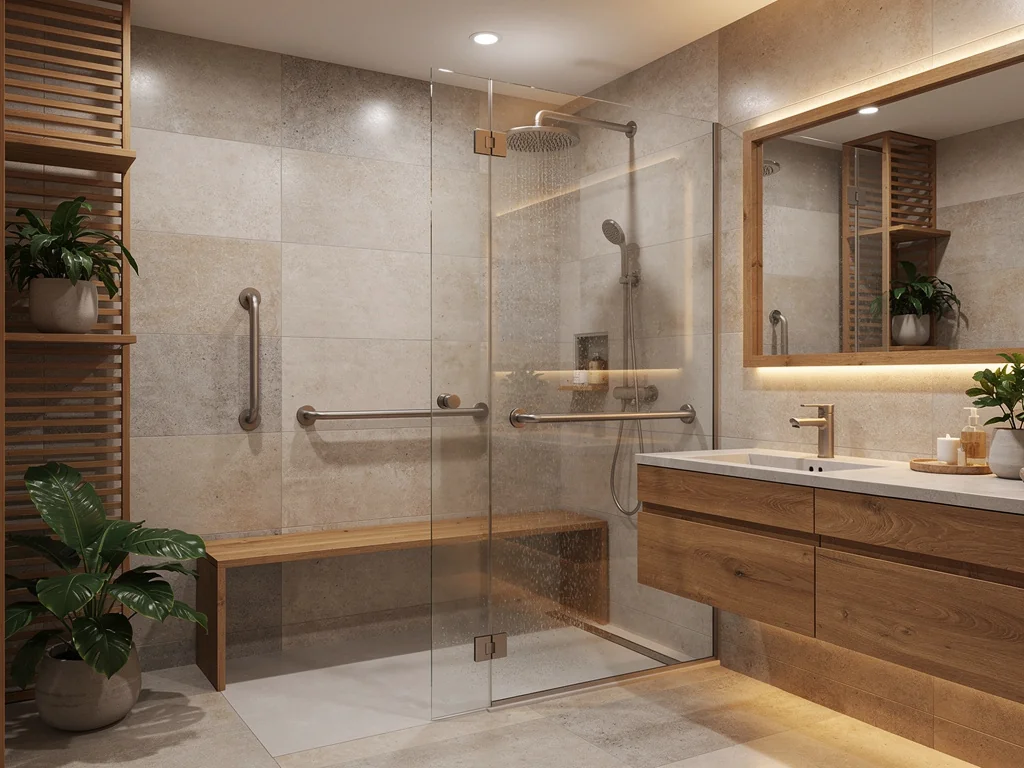 Salle d'eau rénovée et chaleureuse avec douche accessible de plain-pied